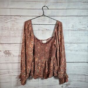 Sugarfox 3X Floral Smocked Peplum Blouse Boho Cottagecore Long Sleeve Plus Size